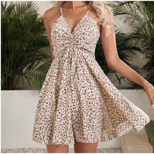 Dress L Beige Floral Boho Ruched Strappy  Mini A-Line Hippie Festival Beach